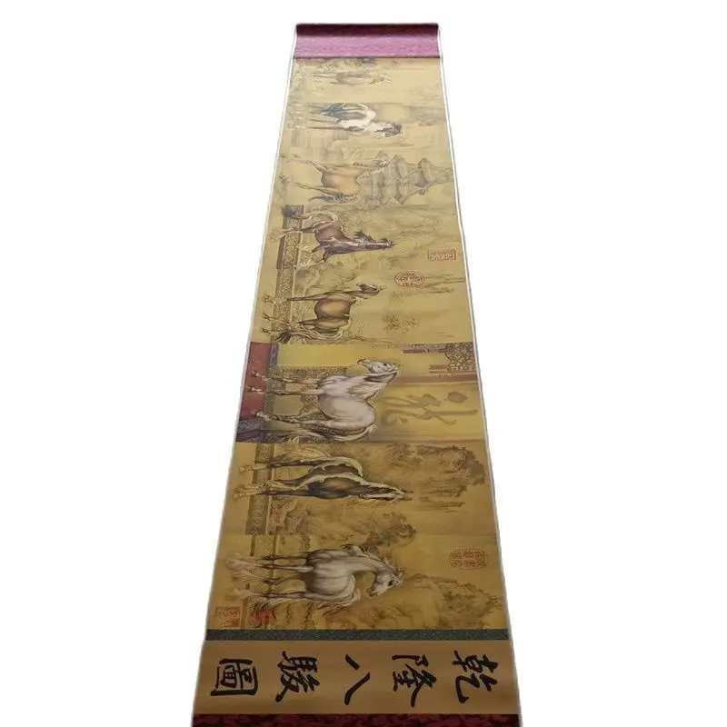 China Old Picture Paper Qianlong's Eight horses  Picture Long Scroll Painting