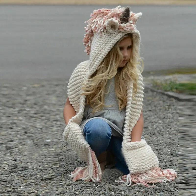 Brand New Unicorn Hooded Scarf Animal Hoodie Cowl Crochet Knitted Beanie Hat Kids Children baby Girl Cute Fashion Hood 2-12Y
