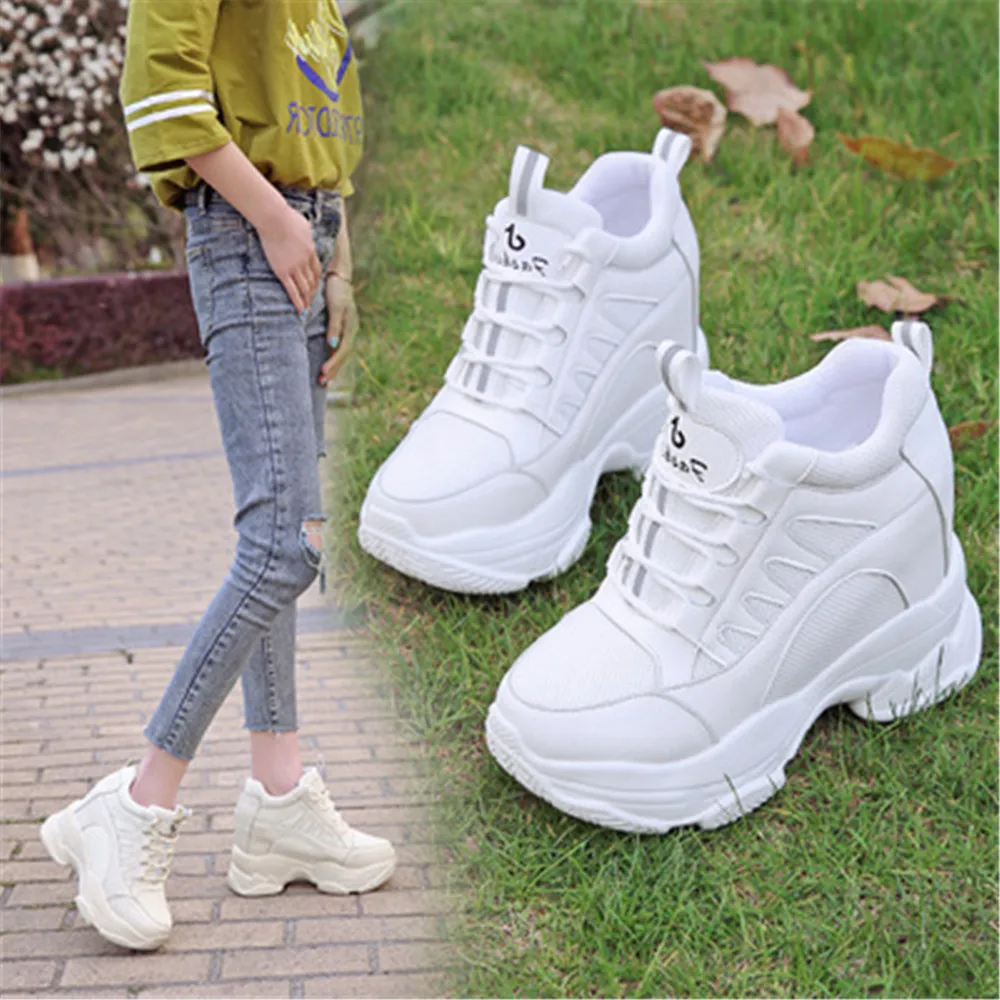 

2024 Autumn Women Chunky Sneakers Breathable Mesh Casual Sports Shoes 10 CM Wedge Heels Platform Trainers Chaussures Femme White