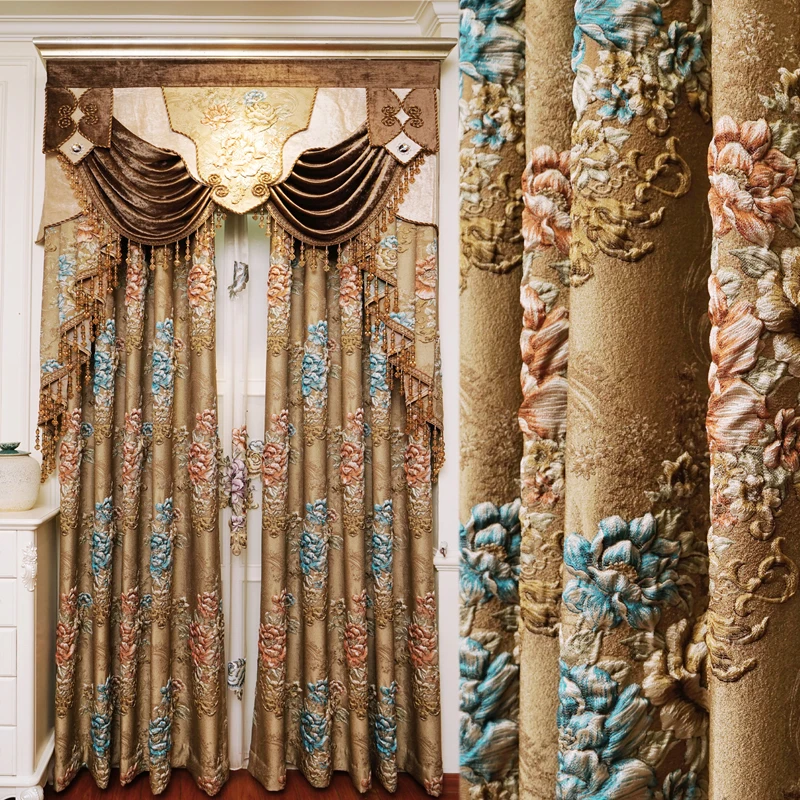 

European Royal Top 4D Embossed Jacquard Blackout Curtains for Living Room Windows High Quality Brown Villa Curtains for Bedroom