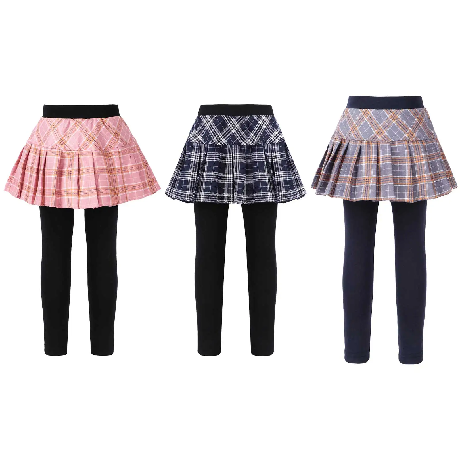 Kids Girls Elastic High Waist Pantskirt Leggings Plaid Pleated Tutu Skirt Footless Tights Culottes 3 4 5 6 7 8 9 10 11 12 13 14