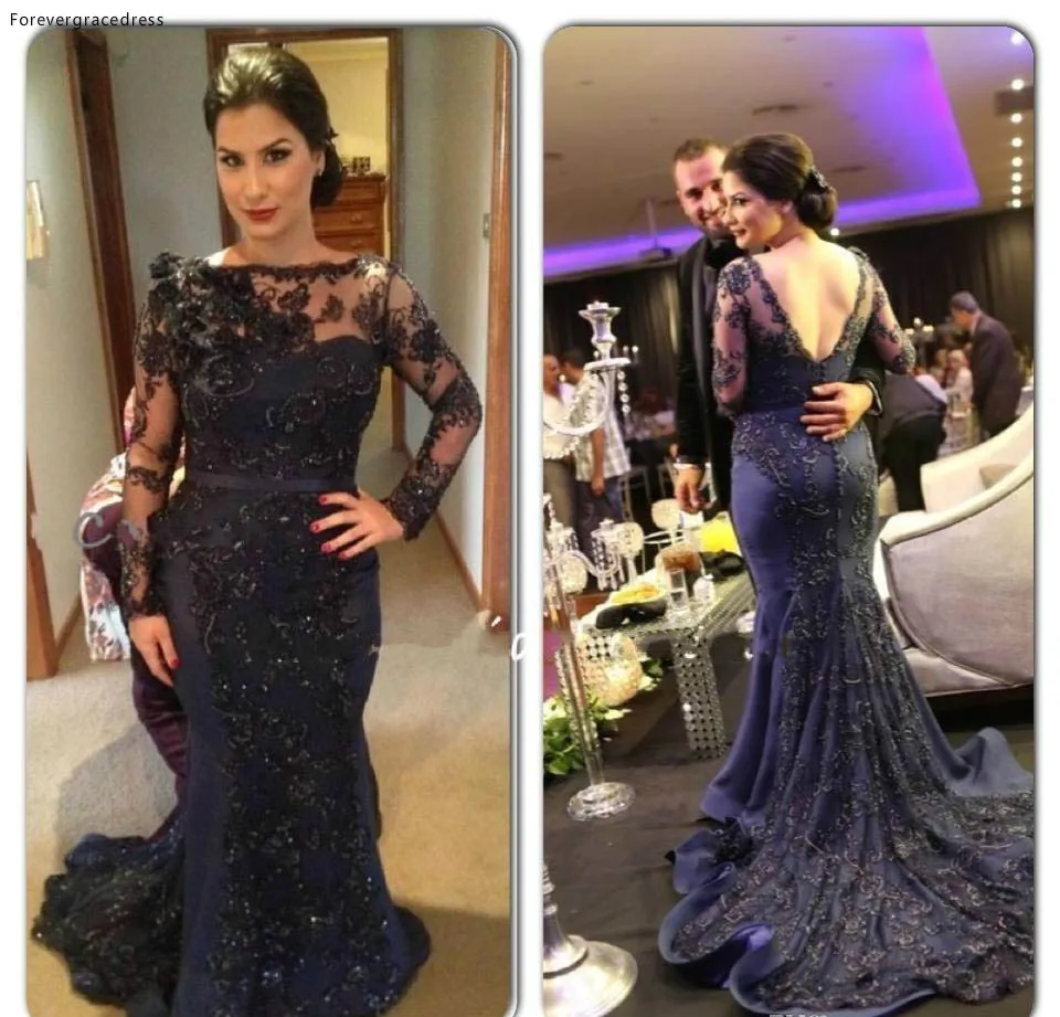 Elegant Mermaid Evening Dress Navy Blue Lace Bateau Neck Long Sleeves Formal Holiday Wear Party Gown Custom Made Plus Size