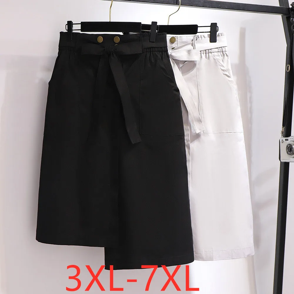 

New 2021 Korea Summer Plus Size Women Clothing Midi Skirt For Women Large Casual Loose Bow Pocket Belt Skirts Black White 7XL