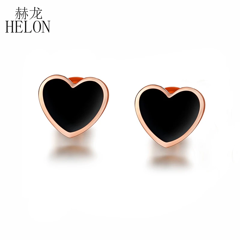 

HELON Natural Black Agate Solid 18K Rose Gold Earrings AU750 Heart-shaped Women Trendy Fine Jewelry Stud Earrings