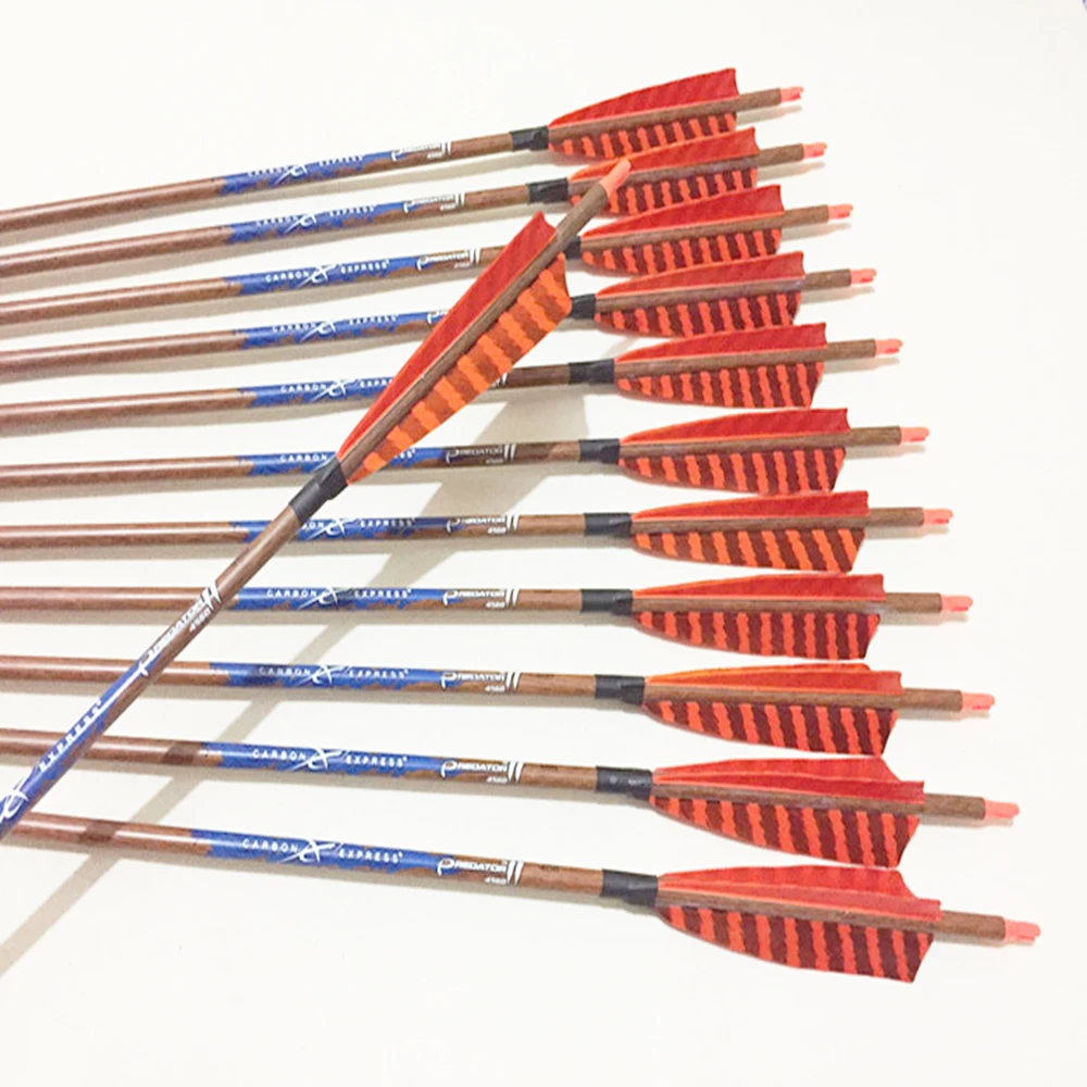 12pcs Archery carbon arrows wood skin arrow shafts spine400-600 ID6.2mm 5