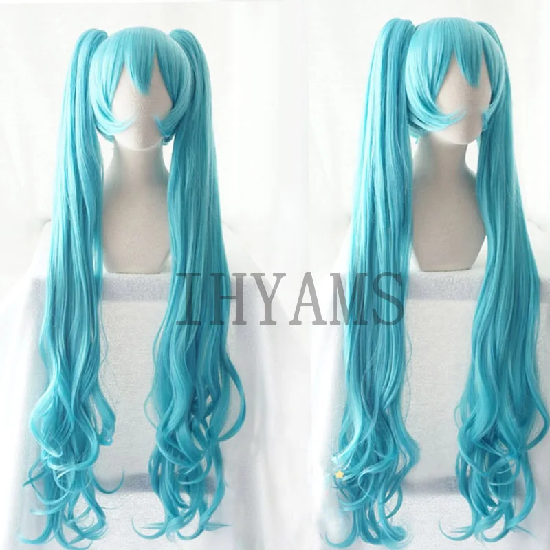 Miku 120cm Green Mixed Long Curly Synthetic Hair Cosplay Wigs High Temperation Fiber Party Halloween Wigs + Wig Cap