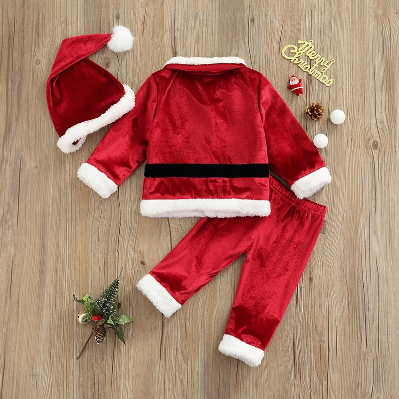 Three Piece Children’s Christmas Clothes Fashion Santa Claus Long Sleeve Furry Velvet Cardigan Tops Trousers & Hat Xmas Costume