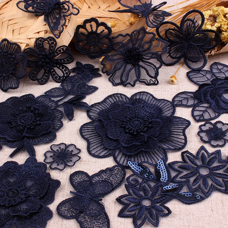 Navy Dark Blue Lace Embroidery Patches Sew Ion on Clothes Organza Flower Butterfly Appliques for Clothing Jeans Dress DIY Stripe