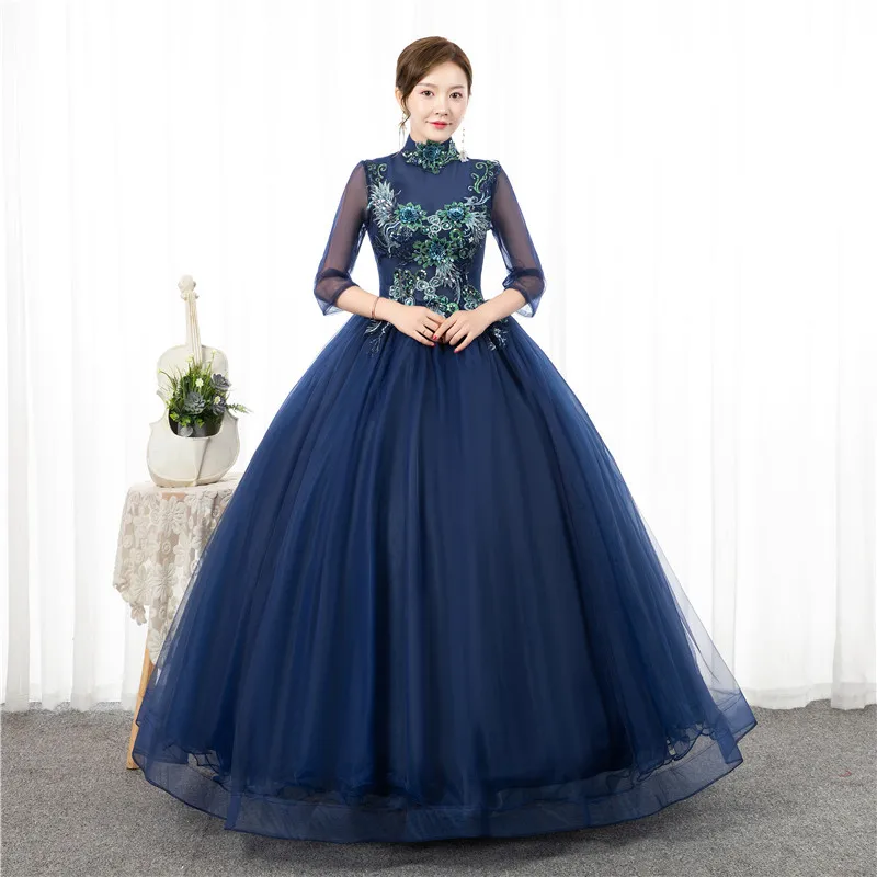 Bloemenprint Quinceanera Jurken Marineblauw A-lijn Drie Kwart Lace Up Prom Dress Puffy Masquerade Baljurken