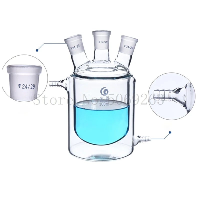 Flat Bottom Three Mouth Glass Jacketed Reaction Bottle Laboratory Double-layer Reaction Flask