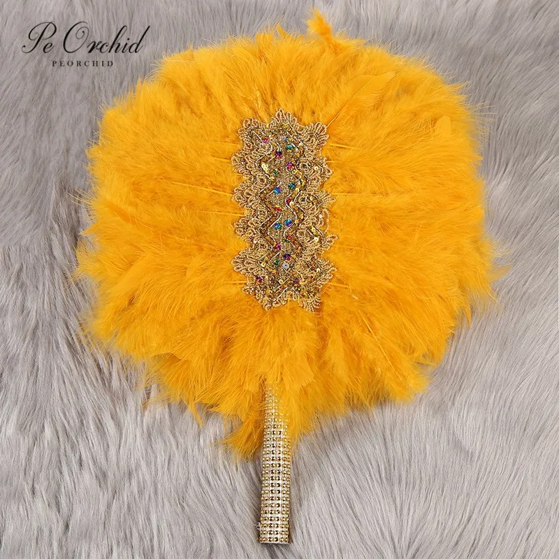 

PEORCHID Classic Traditional Weddings Feather Hand Fan Gold Lace African Bridal Handfan Nigerian Ladies Dance Fan Handmade