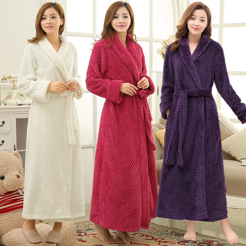 Women Extra Long Thermal Bathrobe Jacquard Flannel Winter Plus Size Pregnant Warm Bath Robe Zipper Dressing Gown Men Sleepwear