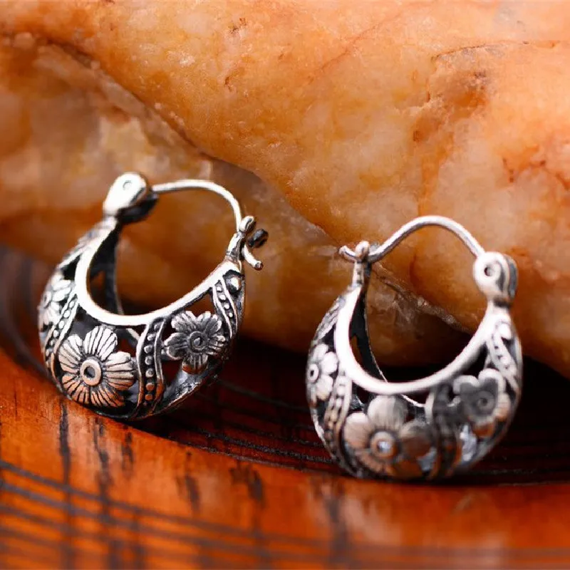 BOCAI S925 Sterling Silber Ohrringe Aushöhlen Blume Korb Retro Alten Totem Ohr Clips Reine Argentum Ohr Schmuck Für Frauen