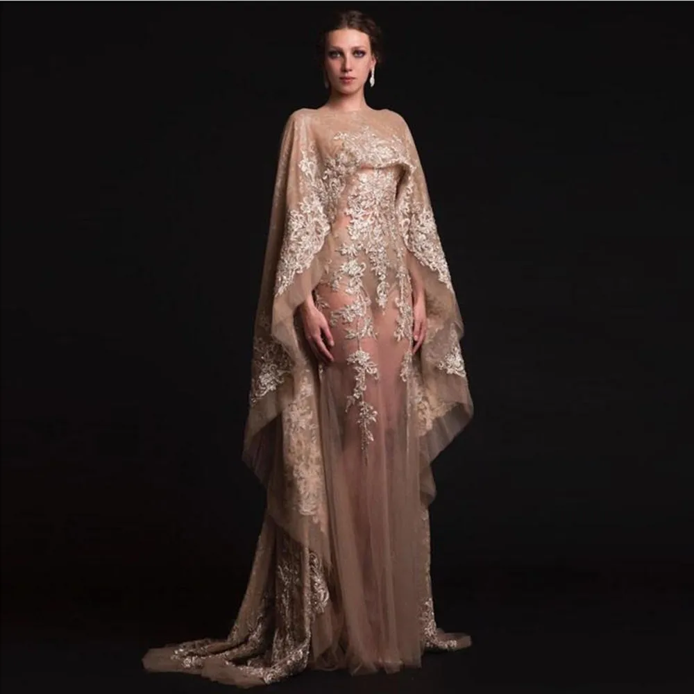 

Graceful Champagne Sheath Formal Evening Dresses Scoop Neck Backless Illusion Celebrity Gown Appliques Beads Sequins Long Prom D