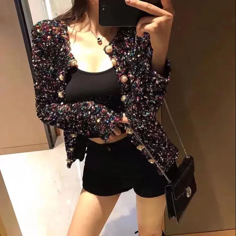 

2021 Spring Autumn Short Jacket Women Heavy Industry Shiny Sequins Long-Sleeved Cardigan Fashion Blazer Outwear casaco feminino