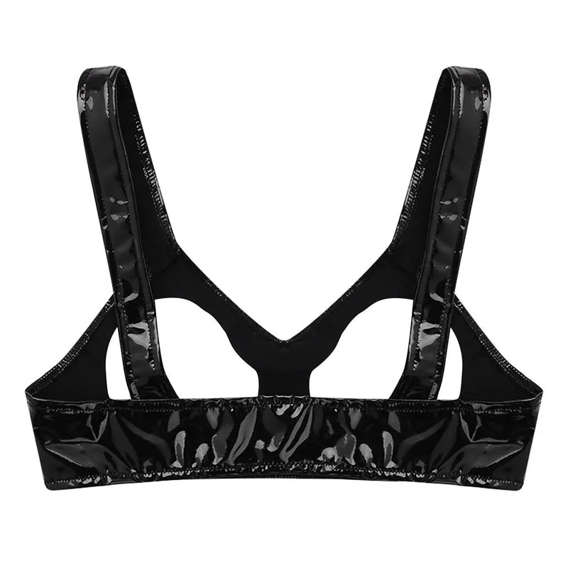 Womens Sexy Lingerie Faux Leather Cupless Bra Vest Wetlook Open Cups Bra Tank Bralette Crop Tops For Women Fetish Underwear