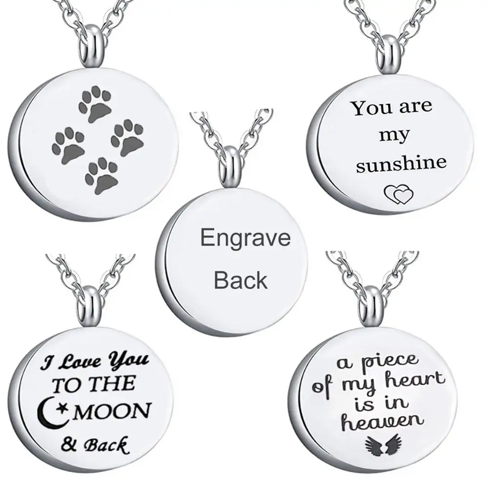 Stainless Steel Round Paw Print Pet Cremation Jewelry Memorial Keepsake Urn Necklace for Men Women with Custom Engraving