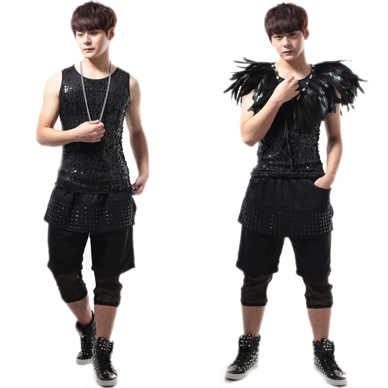 

European and American cropped trousers men's stage performance nightclub personalized costumes men rivet stitching two-piece har