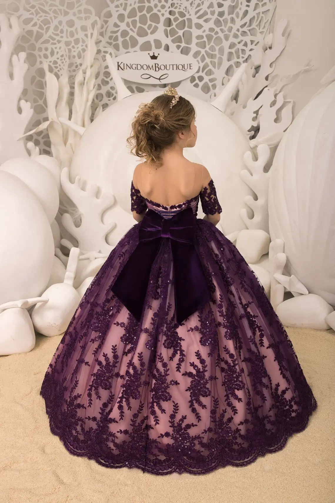 Robe de bal Vintage pour filles, en dentelle perlée, à manches courtes, vêtements de spectacle pour enfants