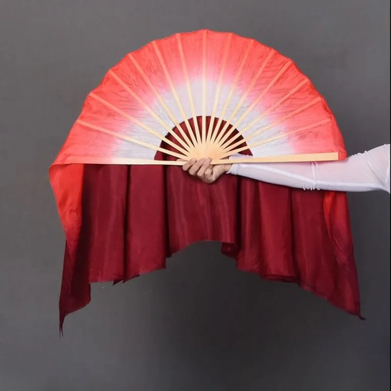 Dual Color Real Silk Bamboo Folk Dance Fan Chinese Handmade Belly Dancing Fans Folk Art Fan White Red Gradient Assorted Size