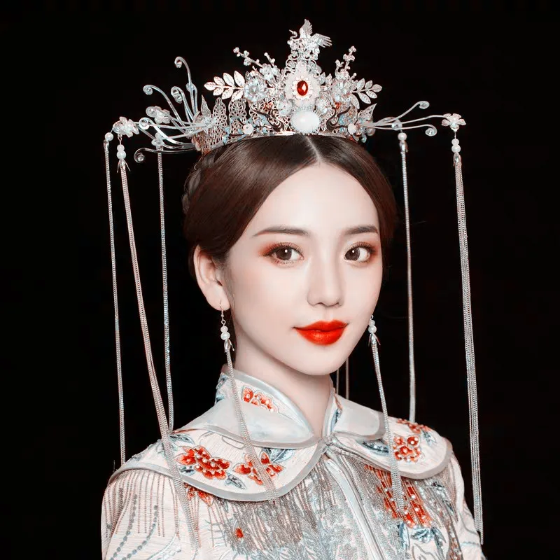 DIY Material Package Chinese Style Wedding Phoenix Crown Bride Headpiece Traditional Coronet Long Tassel Tiaras Do It Yourself