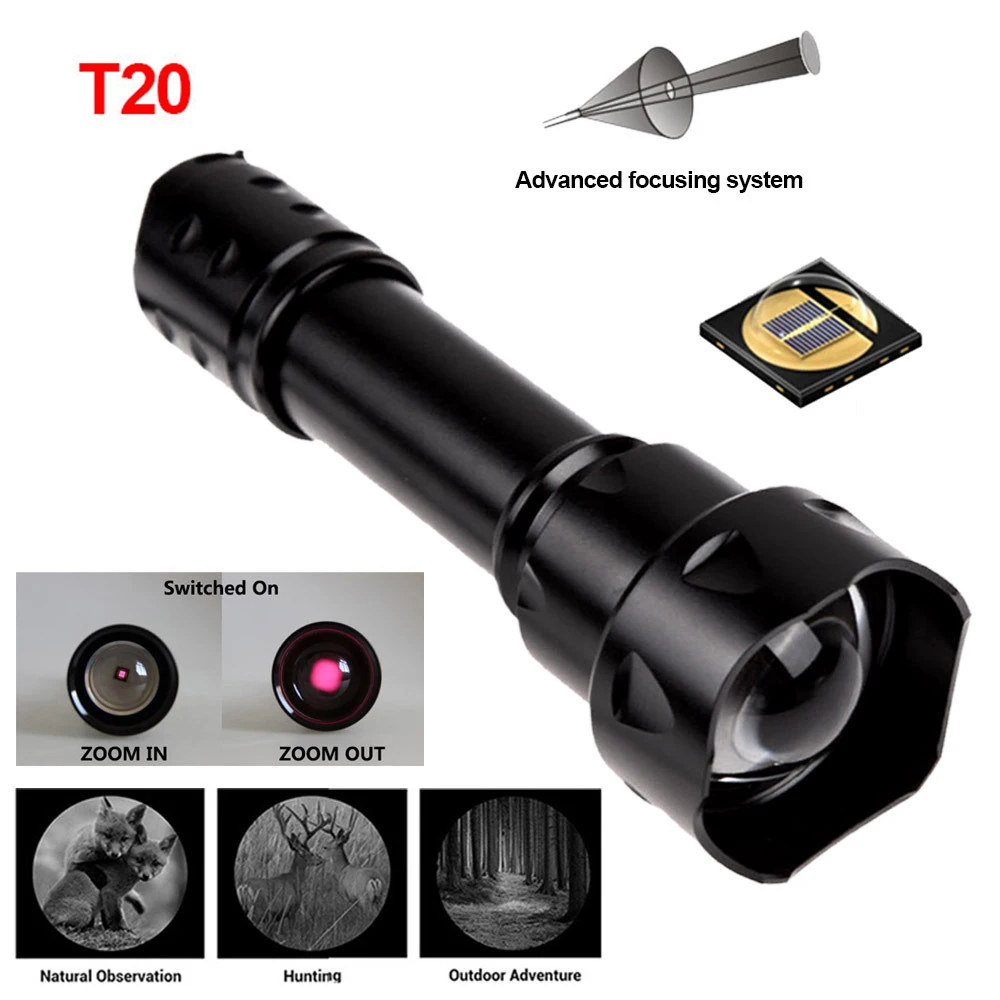 T20 10W Flashlight IR-850NM/940NM Night Vision Zoomable Torch LED Infrared Flashlight Tactical Hunting Flashlight Rechargeable