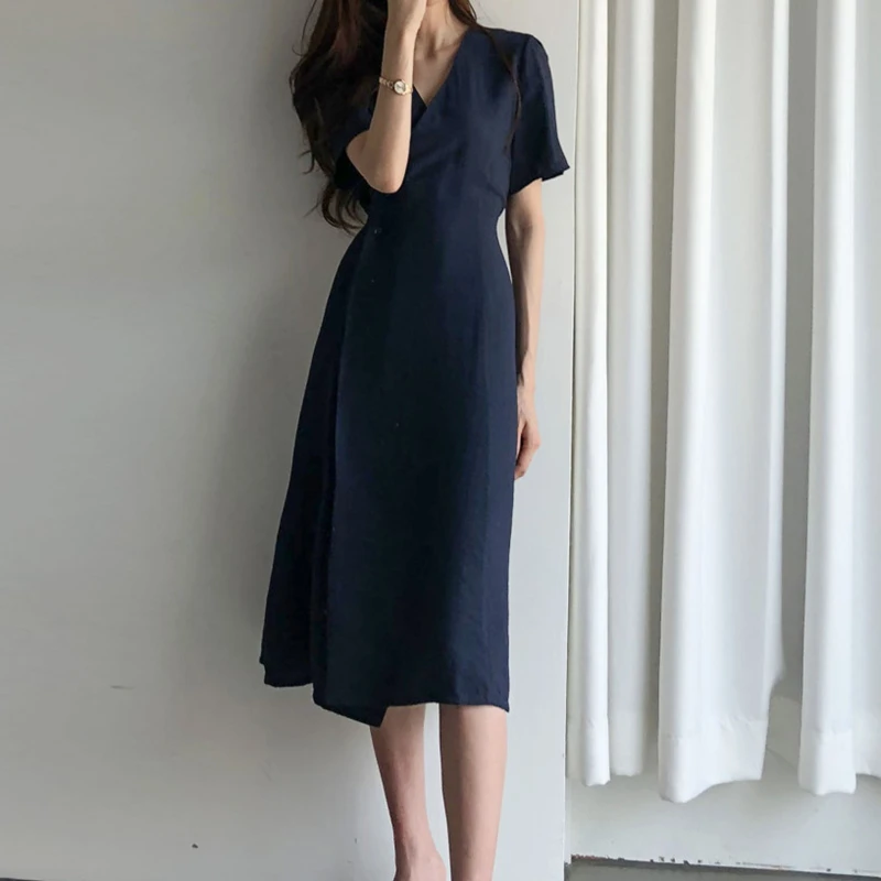 Colorfaith New 2021 Women Summer Dresses V-Neck Lace Up High Waist Vintage Elegant Korean Style Pure Lady Long Dresses DR3135A