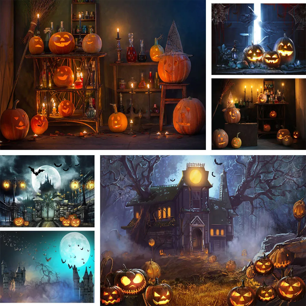 

Mocsicka Halloween Backdrops Pumpkin Lantern Witch Broomstick Moon Photography Background Decoration Banners Props Photo Studio