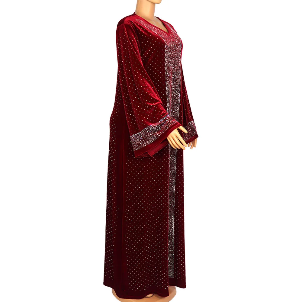 2020 New African Dress For Women Muslim Fashion V-neck Loose Flared Sleeves Diamond Femme Africa Robe Maxi Dress