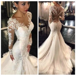 Customized Lace Mermaid Wedding Dresses Dubai African Arabic See Through Wedding Dress Long Sleeves Slim Fishtail Bridal Gowns