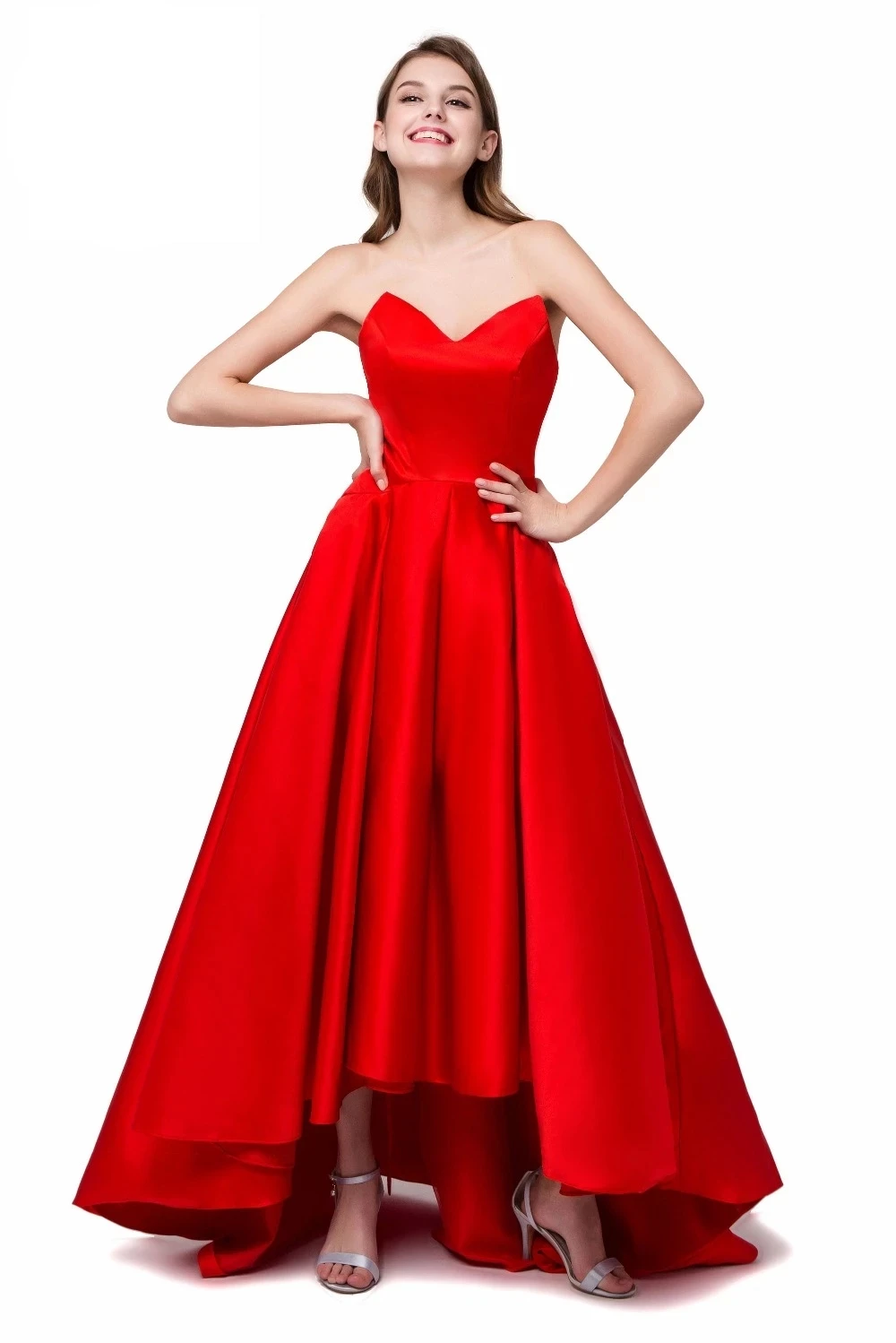 

ANGELSBRIDEP Red High Low Prom Dress Vestido De Festa Real Image Sexy Sweetheart Full-Length High Quality Satin Party Gown