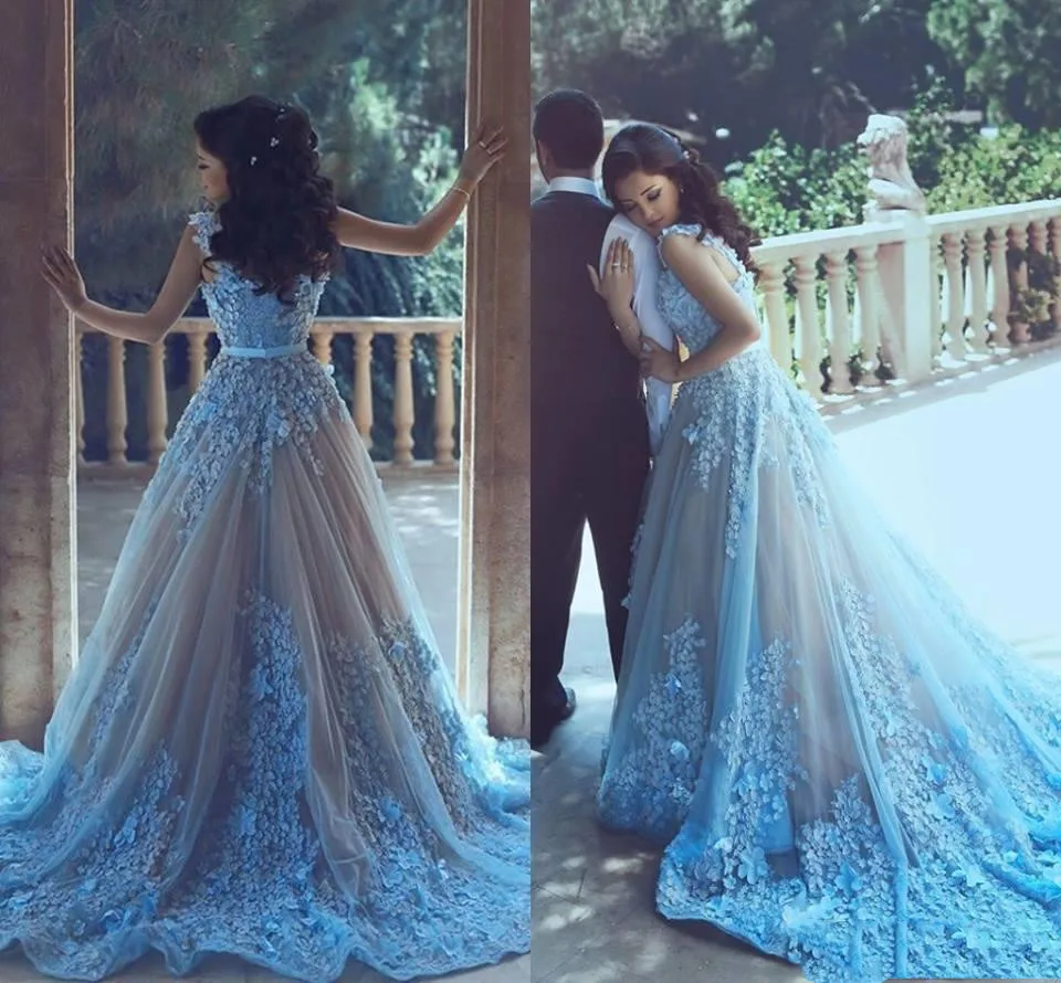 Appliques Light Sky Blue Long Prom Dresses V-neck Sweep Train Formal Evening Celebrity Gowns Modest Party Dress