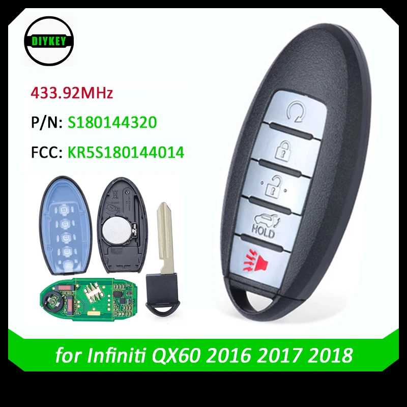 

DIYKEY KR5S180144014 433.92MHz PCF7953M 4A Chip Keykess-Go Remote Key Fob 5 Button for Infiniti QX60 2016-2019 P/N: S180144320