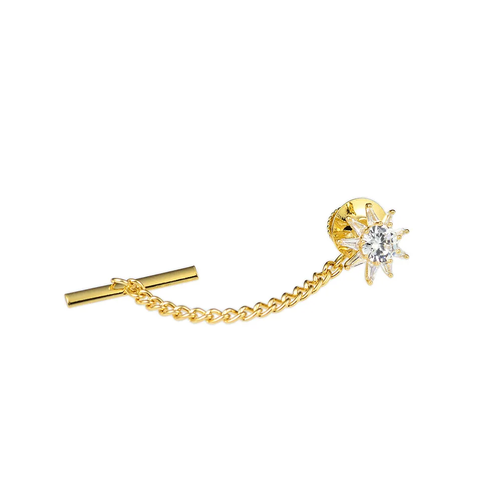 OBN High Quality CZ Sun Flower Star Star tie tac Clutch Back Tie Tack Pin with Chain for Men