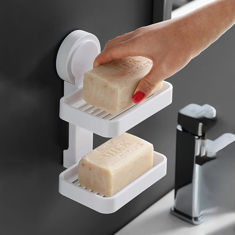 ECOCO Bathroom Suction Cup Soap Dishes Plastic Holders Wall-mounted Double-deck Creative Drainage Soap Storage Double Racks