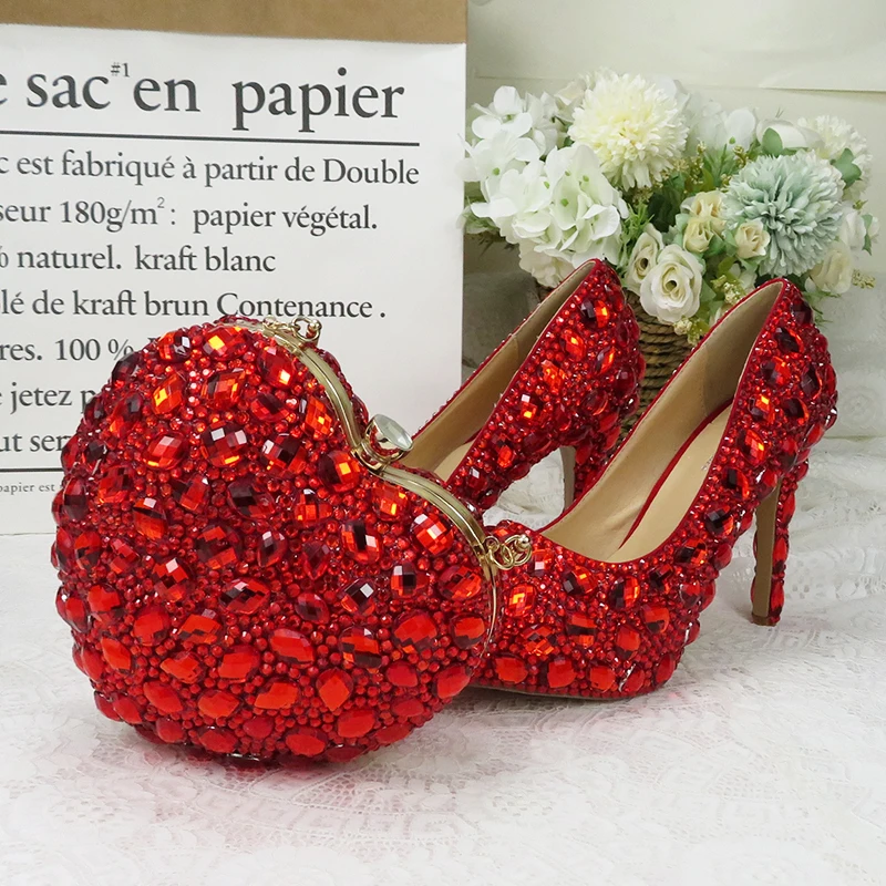 BaoYaFang Red rhinestone Women wedding shoes with matching bags Bride woman shoes and purse Platform shoes female Pumps