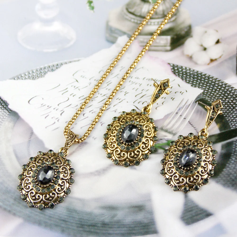 Sunspicems Retro Vintage Bohemia Women Jewelry Sets Antique Gold Color Gray Crystal Drop Earring Necklace Turkish Bijoux Gift