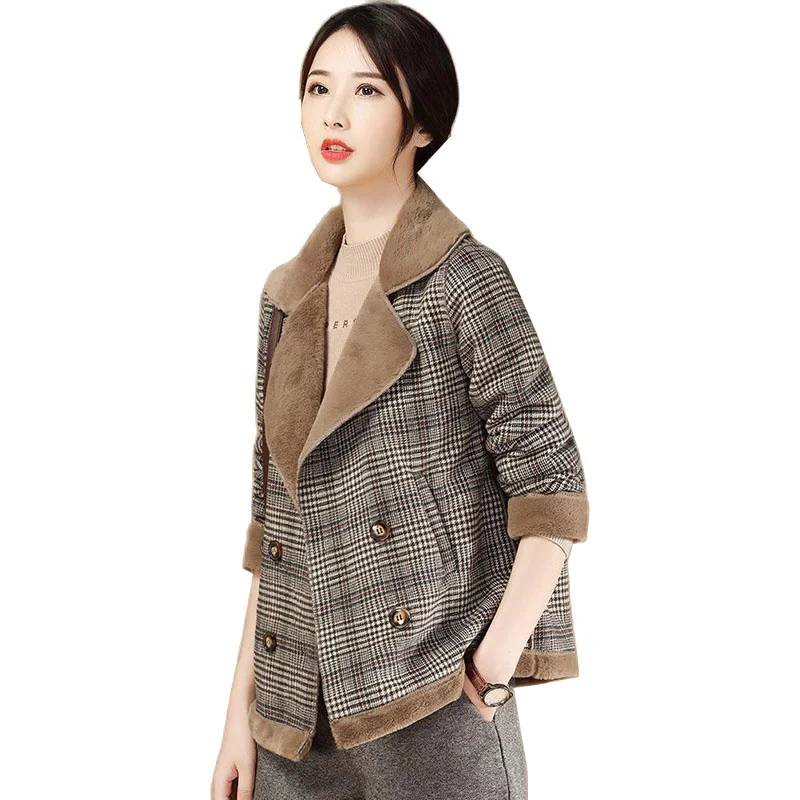 

Warm Parka Plaid Velvet Thicken Short Jacket Women's Winter 2022 New Woolen Coat Female Loose Outwear Casual Tops Female Overcoa