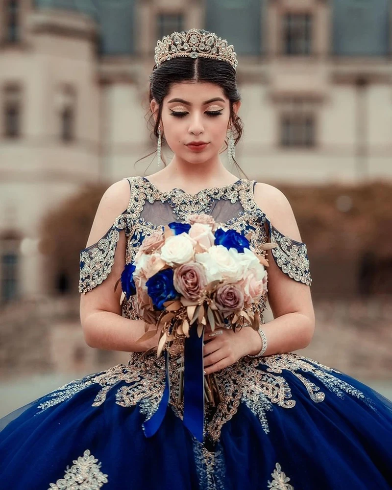 Vestido de fiesta azul marino de 15 años, quinceañera, graduación, Apliques de encaje, dulce, 16 vestidos de noche, tren de barrido