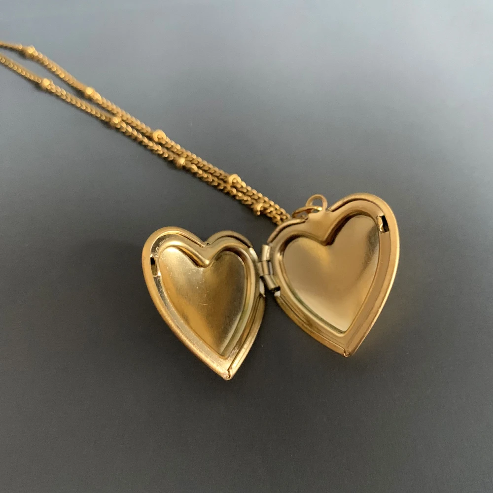Glossy Love Heart Photo Frame Pendant Necklace Fashion Gold Color Stainless Steel Beaded Chain Collar Statement Jewelry