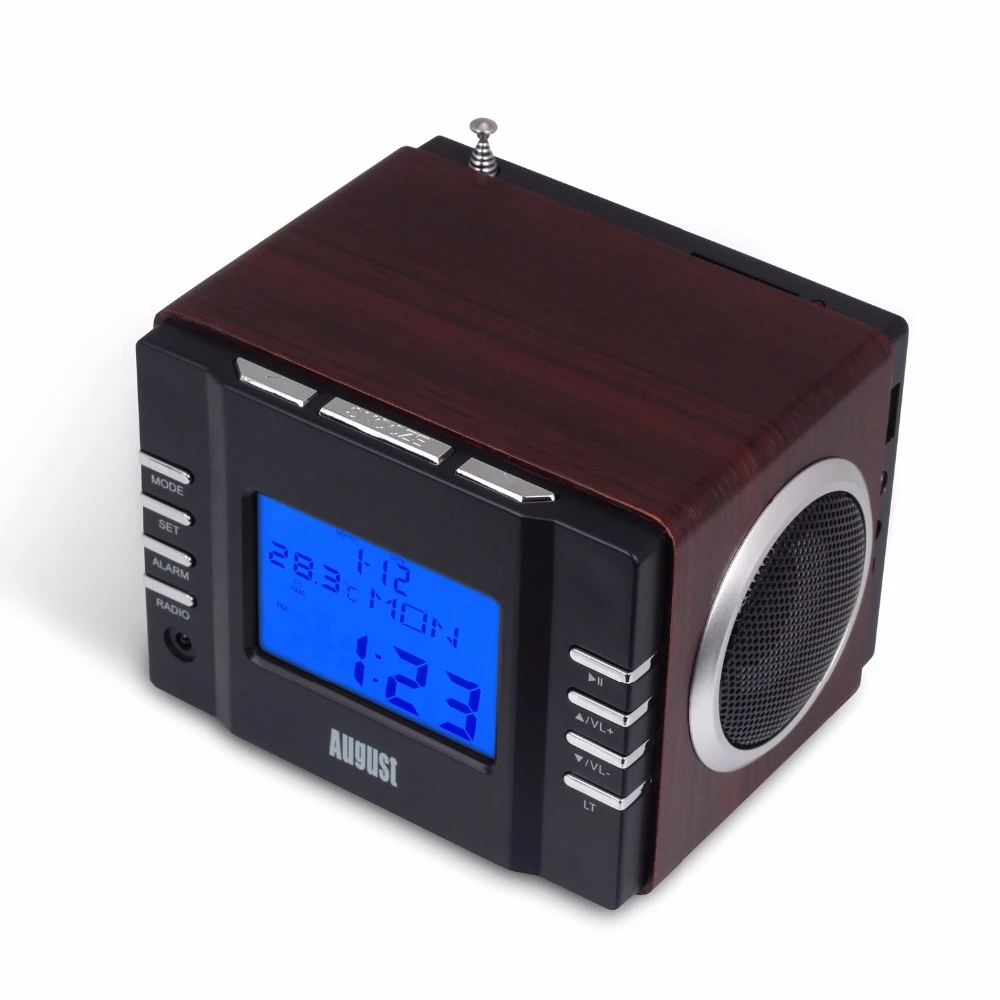 August MB300 Wood Mini Portable Radio Receiver with MP3 Player FM Radio USB In/Aux IN/SD Card/Alarm Clock Speakers Rechargeable