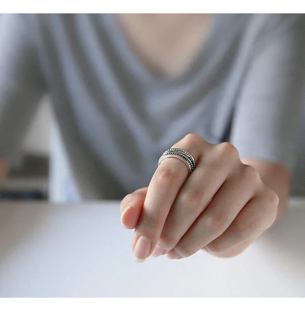 Anillos grandes en capas Vintage para mujer, joyería de plata de ley 925 auténtica, anillo abierto para Dedo de boda