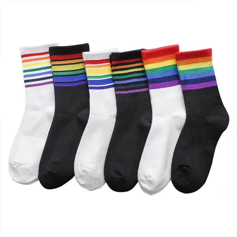 1Pair Fashion Socks Cotton Rainbow Stripes Christmas Gift Classic Warm Fashion Tide Casual Funny Cute Pop Korean Socks For Women