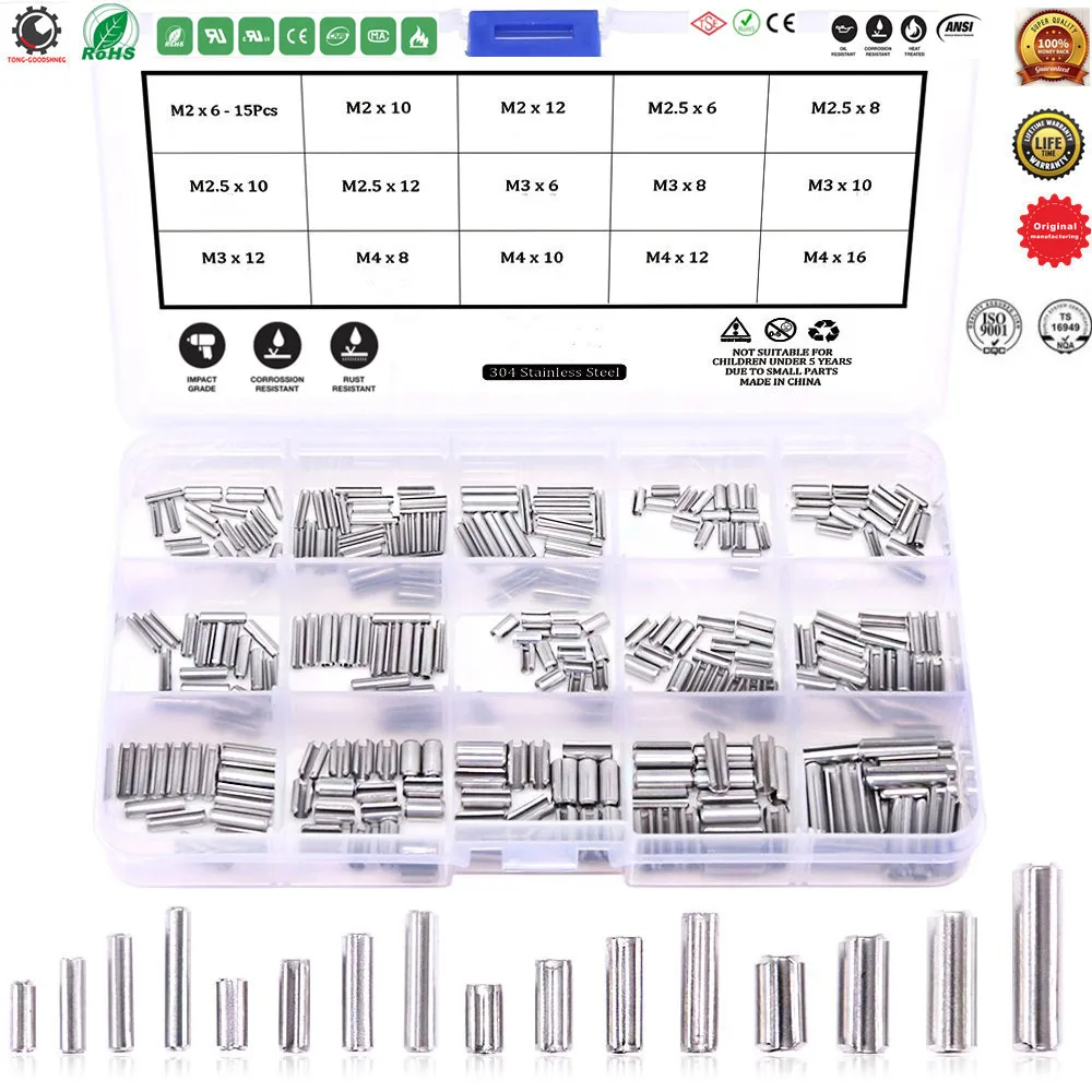 

M2 M2.5 M3 M4 Slotted Spring Pin Assortment Kit,Split Spring Dowel Tension Roll Pins 304 Stainless Steel,Hardware Pins,Locating