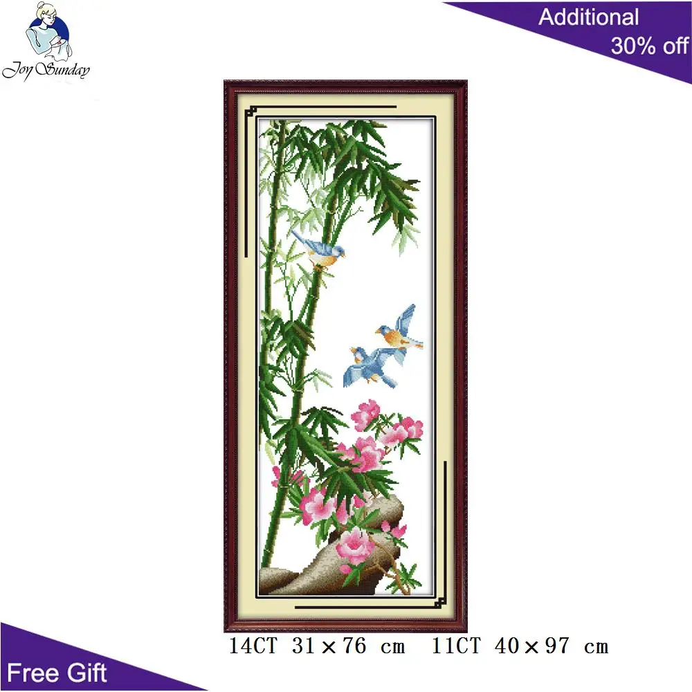Joy Sunday-Flowers Home Decor, H102 H103 H104 H105, Red Plum Pink Orchid, Yellow Chrysanthemum Green Bamboo Cross Stitch Kit
