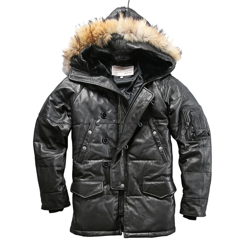 018 Read Description! High Quality Super Warm Genuine Mens Sheep Skin Duck Down Leather Coat