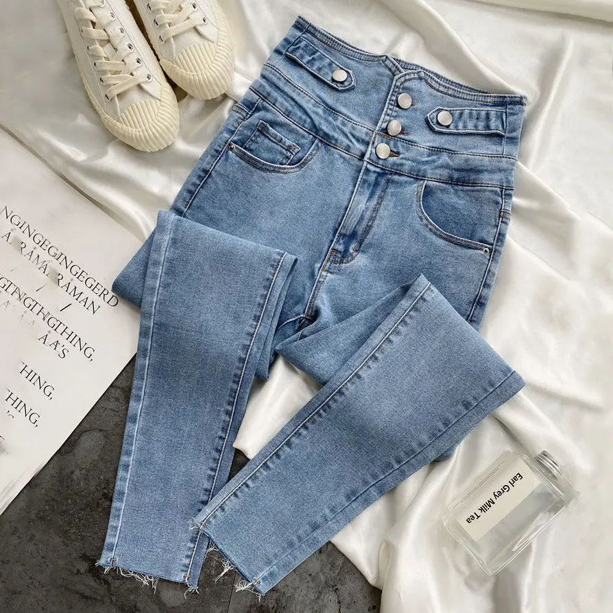 

Woman High-waisted Denim Trousers Tight Stretch Pants Large size All-match Pencil Pants Jeans Ladies