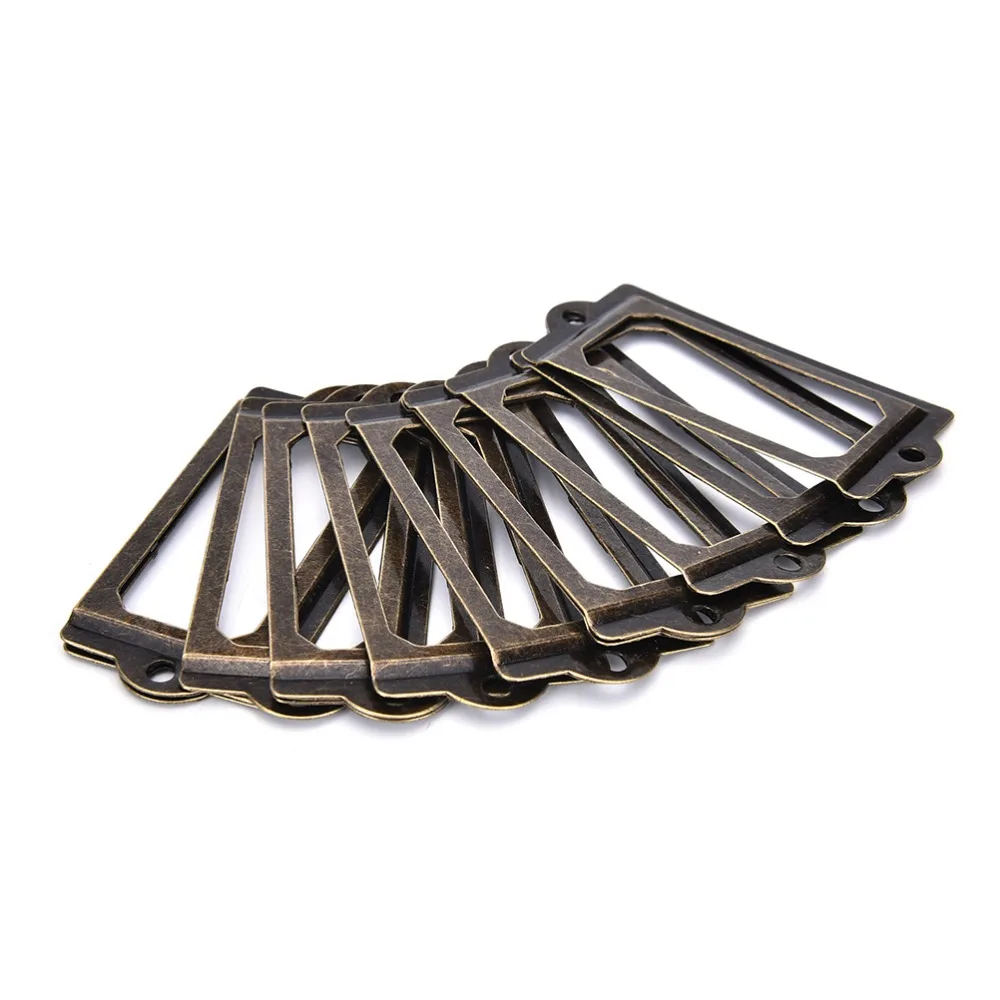 12Pcs โลหะทองเหลืองโบราณป้ายดึงกรอบแฟ้มชื่อการ์ดสำหรับตู้ลิ้นชักกล่องกรณีชุดสกรู
