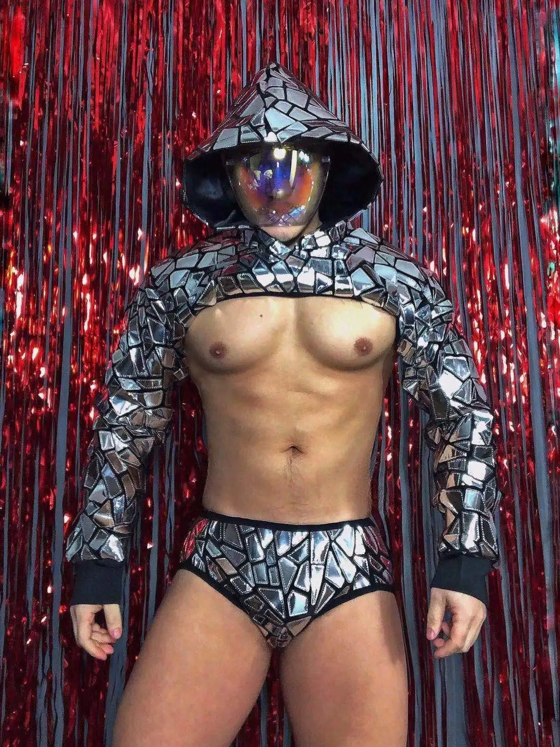 Silver Mirror Sequins Dance Costume Nightclub Bar Muscular Male Gogo Groups Rave Outfit Sexy DJ Dancer Stage Performance Clothes