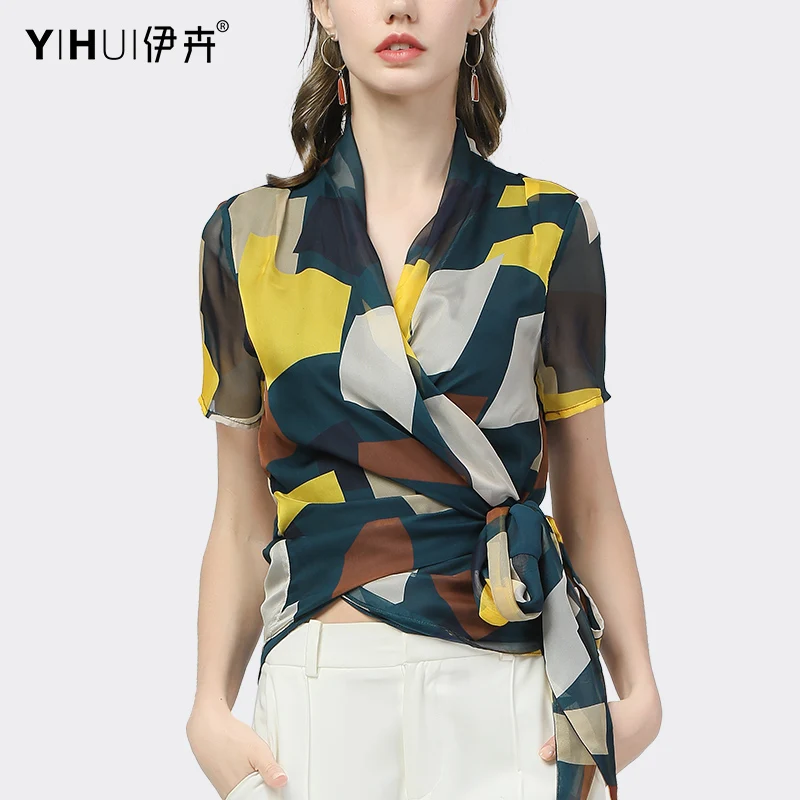 

Fashion Colorful Plaid Print Chiffon Shirt Women Summer Short Sleeve Top With Sashes Crossed V-Neck Ladies Casual Office Blouse